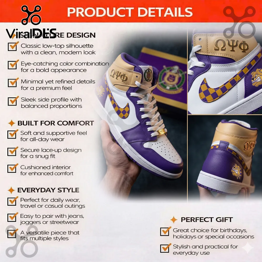 Omega Psi Phi Fraternity Purple and Gold AJ1 High Top Sneakers Omega Psi Phi Fraternity Purple and Gold AJ1 High Top Sneakers