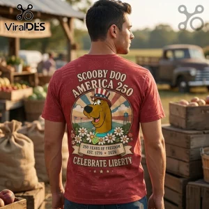 Red t-shirt back print with Scooby Doo in a patriotic hat text Scooby Doo America 250 250 Years Of Freedom Est 1776 2026!