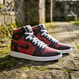 High top sneakers with red and black leather panels featuring white laces and Wu-Tang brand logos and signatures!