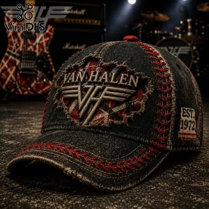 Distressed black denim baseball cap with red stitching, retro Van Halen logo in cream and red stripes, 'EST. 1972' patch!