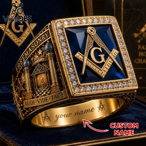 Freemasonry Gold Blue Stone Custom Engraved Ring