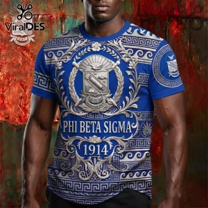 Blue and silver Phi Beta Sigma frat t-shirt with Greek crest, 1914 text, and intricate border patterns!