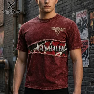Distressed red acid wash t-shirt, retro rock band VAN HALEN logo with winged text design!