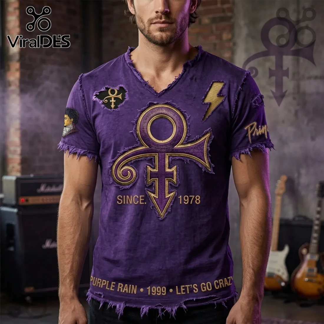 Prince Purple Rain Love Symbol Distressed V-Neck Shirt Prince Purple Rain Love Symbol Distressed V-Neck Shirt