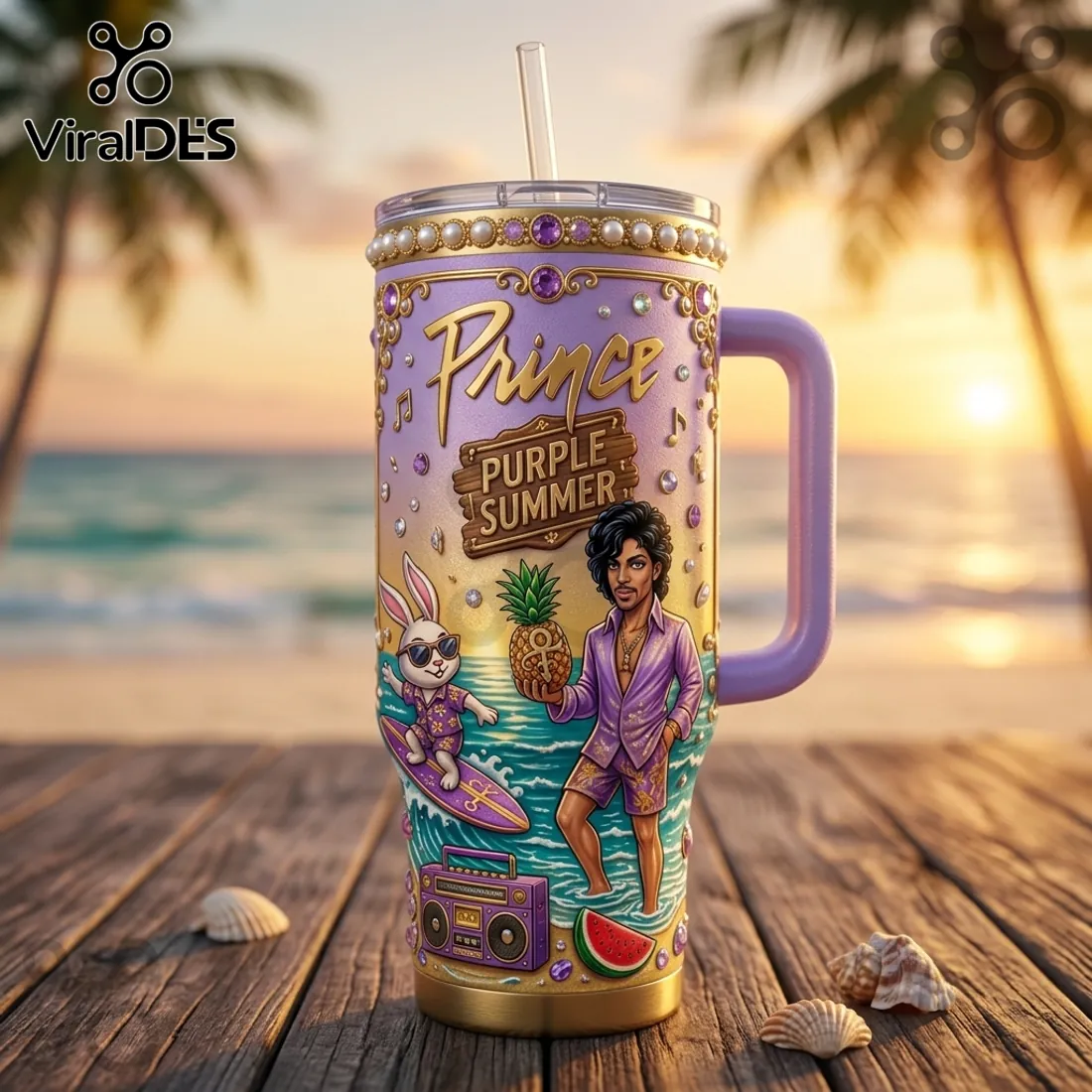 Prince Purple Summer Session Tropical Beach Insulated Handle Tumbler Prince Purple Summer Session Tropical Beach Insulated Handle Tumbler