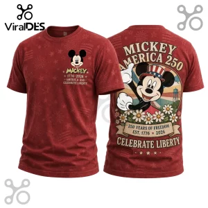 Red Mickey Mouse t-shirt with American 250 anniversary print featuring stars, fireworks, and vintage patriotic graphics!