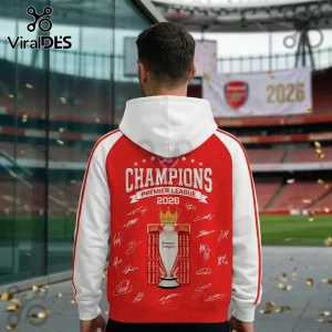 Red and white Premier League 2026 Arsenal champions hoodie with gold trophy graphic and player signatures on the back!