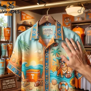 Tennessee Volunteers themed Hawaiian shirt with summer beach print, dog in sunglasses, footballs, and orange and blue colors!