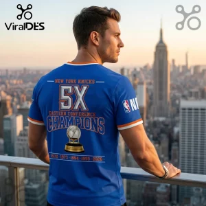 Blue New York Knicks 5X Eastern Conference Champions t-shirt with orange text and championship trophy graphic!