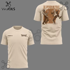 Tan t-shirt with Whiskey Myers text and The Southern Hospitality Tour graphic featuring a skeleton and cartoon man!