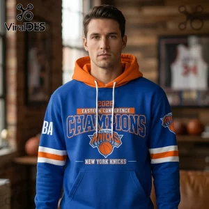 Blue and orange New York Knicks 2026 Eastern Conference Champions hoodie with team logo and white drawstrings!