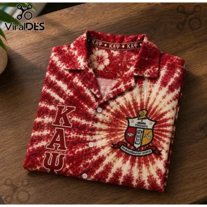 Red and white tie-dye button down shirt with Kappa Alpha Psi greek letters and fraternity crest graphic!