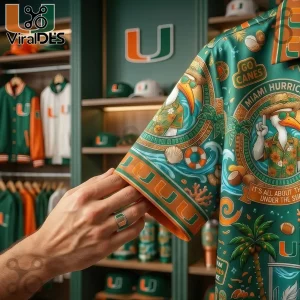Miami Hurricanes tropical button down shirt with palm trees beach theme and Go Canes text in green and orange colors!
