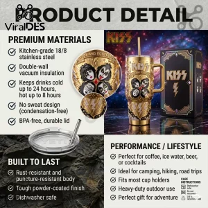 Gold KISS band themed stainless steel tumbler with lightning bolts and Rock and Roll Over text on black display box!