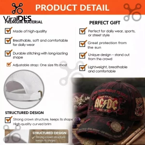 Distressed black and red vintage baseball cap with AC/DC logo,