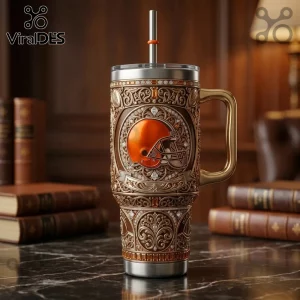 Ornate vintage tumbler, gold scrollwork, brown and orange football helmet design, sparkling gem accents, metal straw!