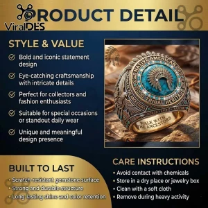 Gold tribal ring, turquoise center, white stones, bold Native American design. Text: NATIVE AMERICAN TRIBAL HERITAGE, SPIRIT OF THE ANCESTORS, HONOR SPIRIT TRADITION, WALK WITH THE ANCESTORS!
