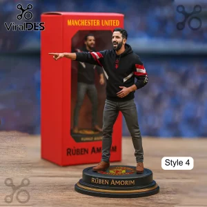 Ruben Amorim manager figurine, black hoodie, red/white stripes, gray jeans, on base with Manchester United crest, 'RÚBEN AMORIM'!