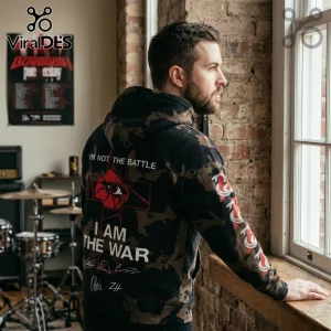 Black and brown bleach dye hoodie with red cross graphic and text I AM NOT THE BATTLE I AM THE WAR on back!