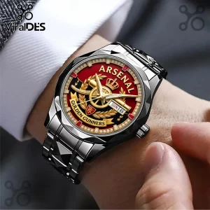 Luxury black metal watch featuring Arsenal Golden Gunners logo with gold crest and red background on watch face!