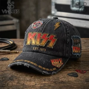 KISS Band Vintage Distressed Patches Est. 1973 Black Denim Baseball Cap