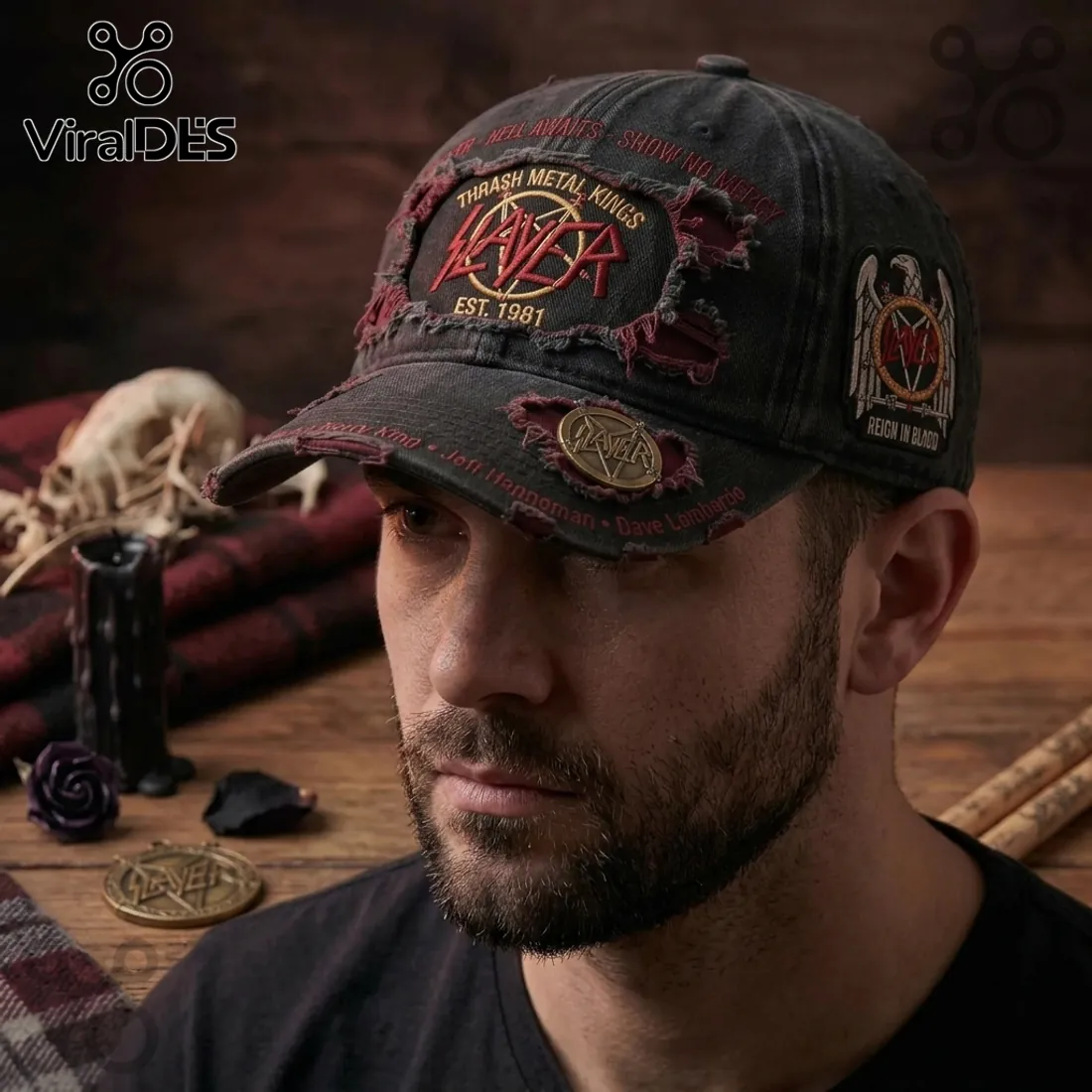 Slayer Thrash Metal Kings Premium Distressed Baseball Cap Slayer Thrash Metal Kings Premium Distressed Baseball Cap