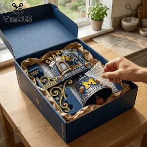 Michigan Wolverines blue and gold championship gift set with bell mascot figure and basketball theme in display box!