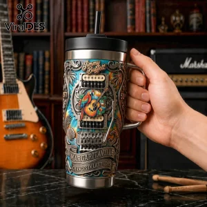 Stainless steel tumbler featuring 3D Jimmy Buffett Margarittaville guitar design with tropical parrot and beach graphics!