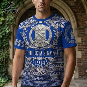 Blue Phi Beta Sigma t-shirt featuring silver 3D Greek crest emblem 1914 text and geometric Greek key patterns!