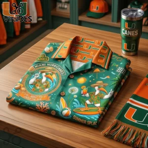 Miami Hurricanes themed tropical button-down shirt with ibis mascots, orange and green colors, and summer beach graphics!