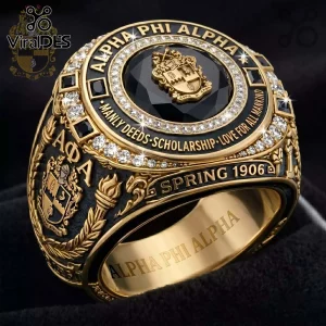 Gold and black ornate fraternity ring with clear and black stones! Features ALPHA PHI ALPHA MANLY DEEDS SCHOLARSHIP LOVE FOR ALL MANKIND SPRING 1906 and a crest!