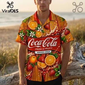 Coca-Cola Tropical Fruit Orange Strawberry Vintage Wood Hawaiian Shirt