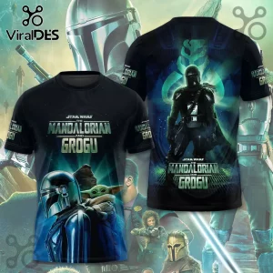 Black Star Wars The Mandalorian and Grogu all-over print graphic tee with neon green and blue cinematic lighting!