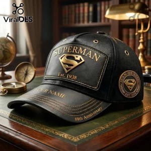 Black leather baseball cap featuring gold Superman logo, text Est 1938, Man of Steel patch, and 88th Anniversary detail!