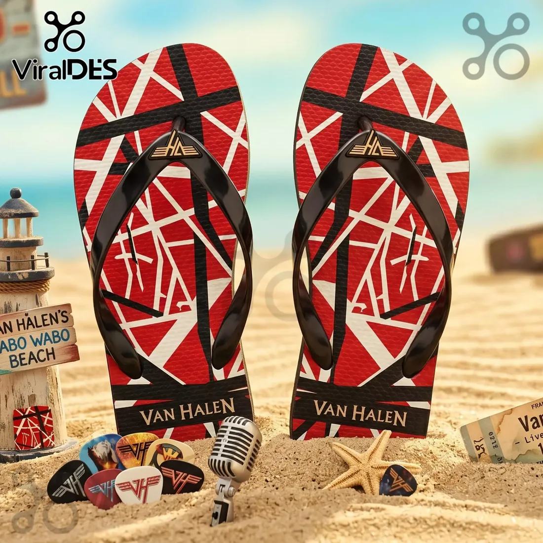 Van Halen Eddie EVH Frankenstein Guitar Stripes Summer Flip-flops Van Halen Eddie EVH Frankenstein Guitar Stripes Summer Flip-flops