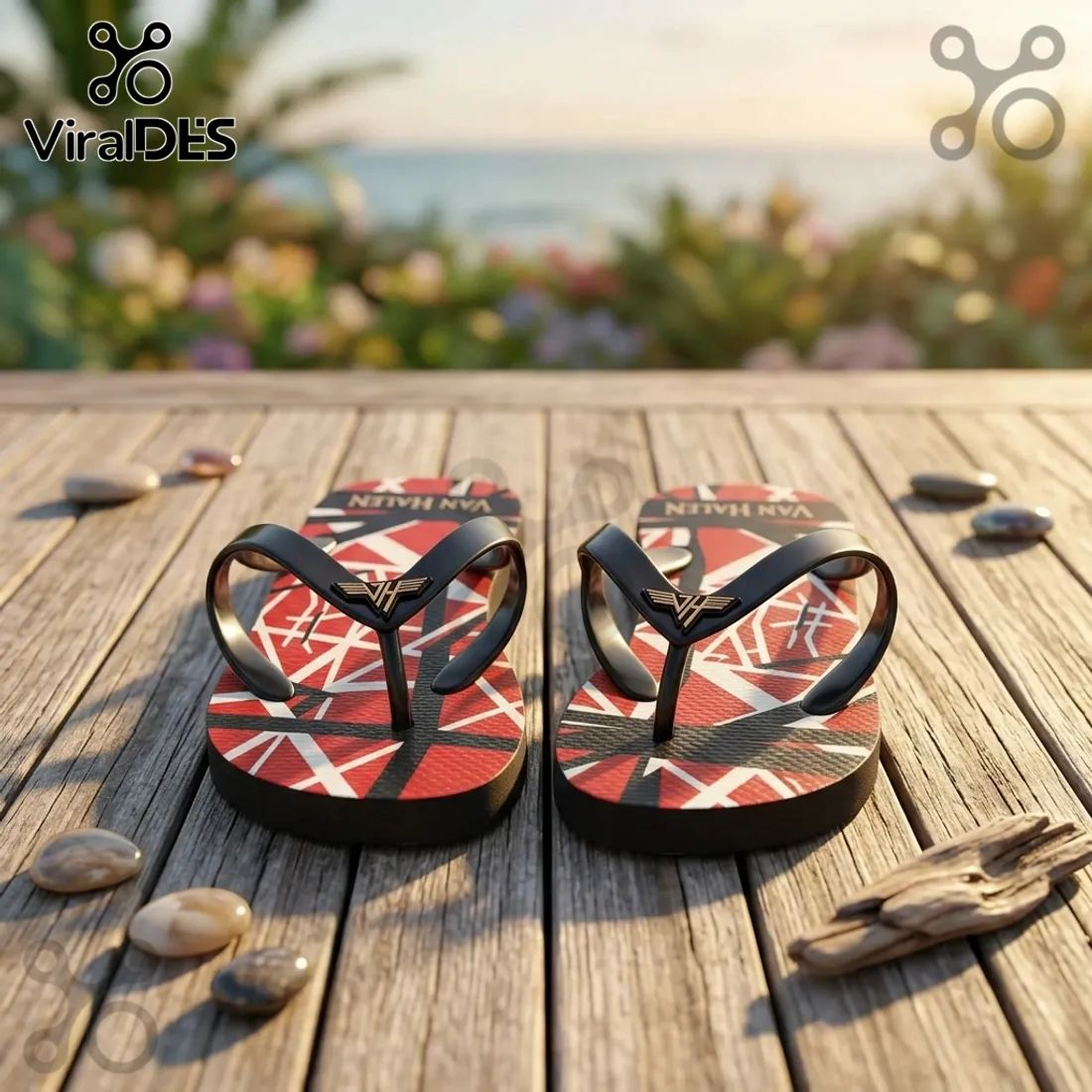 Van Halen Eddie EVH Frankenstein Guitar Stripes Summer Flip-flops Van Halen Eddie EVH Frankenstein Guitar Stripes Summer Flip-flops