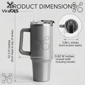 Grey handled travel tumbler with clear straw and lid, showing product dimensions 12.3 H, 5.82 W, 3.86 L inches, ViralDES branding!