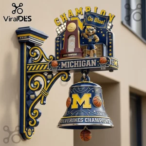 Michigan Wolverines blue and yellow wall bell decor featuring basketball mascot and NCAA champion trophy text graphic!