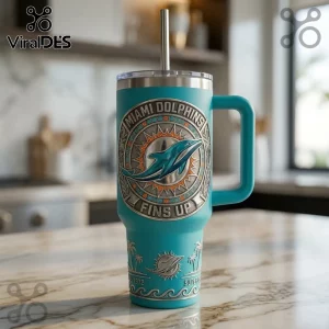 Teal Miami Dolphins travel tumbler with metallic vintage emblem! Blue dolphin, orange sunburst, FINS UP, EST 1972!