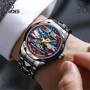 Top Gun 40th Anniversary watch with Maverick graphic red white and blue dial on a black metal link band!
