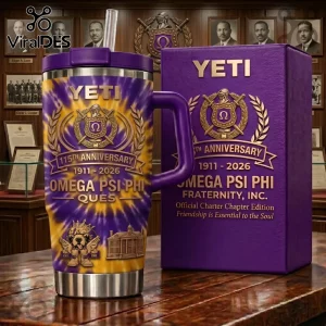 Purple and gold tie-dye Yeti tumbler featuring Omega Psi Phi 115th Anniversary emblem text and dog mascot illustration!