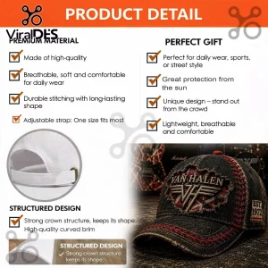 Distressed black vintage baseball cap with red stitching, embroidered VAN HALEN VH logo, and EST. 1972 text!