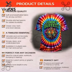 Rainbow tie-dye Jimmy Buffett t-shirt featuring tropical parrot, flowers, tiki graphic, vibrant retro design!