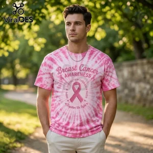 Pink tie dye t-shirt with Breast Cancer Awareness graphic and text reading Strength Courage Faith Together We Fight!