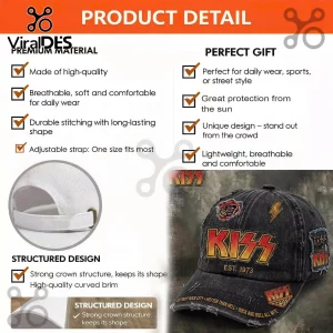 Distressed black rock band baseball cap with red, orange, yellow KISS logo, EST. 1973 text, lightning bolt patch!