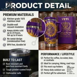 Purple and gold tie-dye insulated tumbler featuring Omega Psi Phi 115th Anniversary text and fraternity crest graphics!