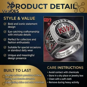Silver KISS band ring with red logo, black gemstone, clear crystals! Features text: THE HOTTEST BAND IN THE WORLD, NEW YORK CITY 1973 KISS ARMY, DETROIT CITY!