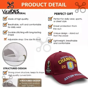 Maroon baseball cap with Aston Villa Europa League Champions 2026 embroidery and official team crest!