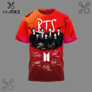 Red orange gradient t-shirt with hexagonal pattern, BTS logo, seven member photo, white 