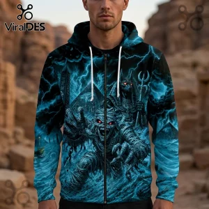 Blue and black full-zip hoodie with Anubis, mummies, lightning, pyramids, and desert landscape fantasy print.!